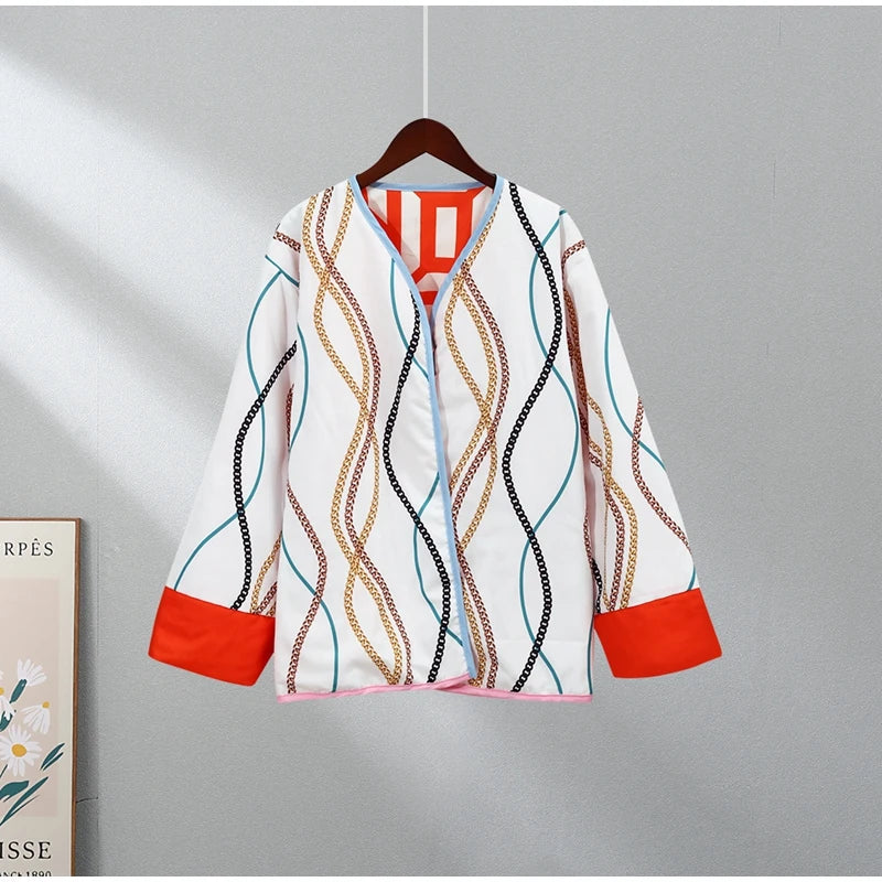 HH Floral Print Jacket For Women Autumn Quilted Reversible Cotton Coat Cardigan Long Sleeve Jackets Elegant Woman Streetwear
