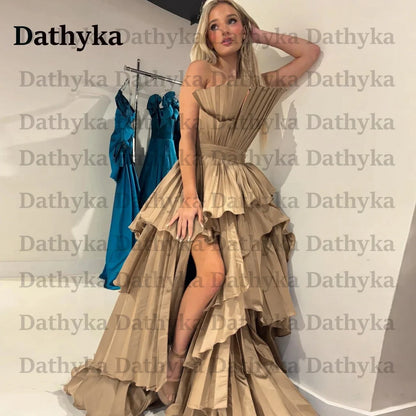 Dathyka Pleats Prom Dress Satin A Line Evening Dress High Slit Tiered Party Dress For Women Strapless Robe De Mariee Customised