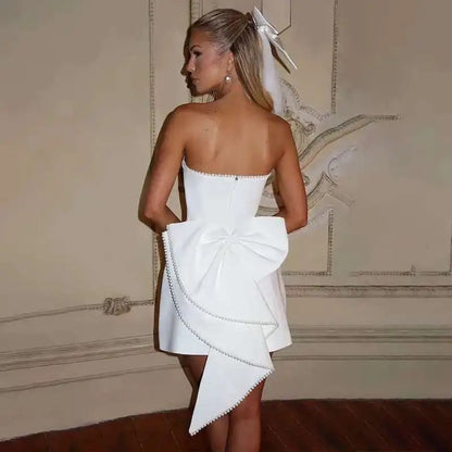 Avrilyaan Bow Pearl Short Backless Sleeveless Sexy Dress Women Elegant Party Dress Strapless Bodycon Mini Summer Dress Vestidos