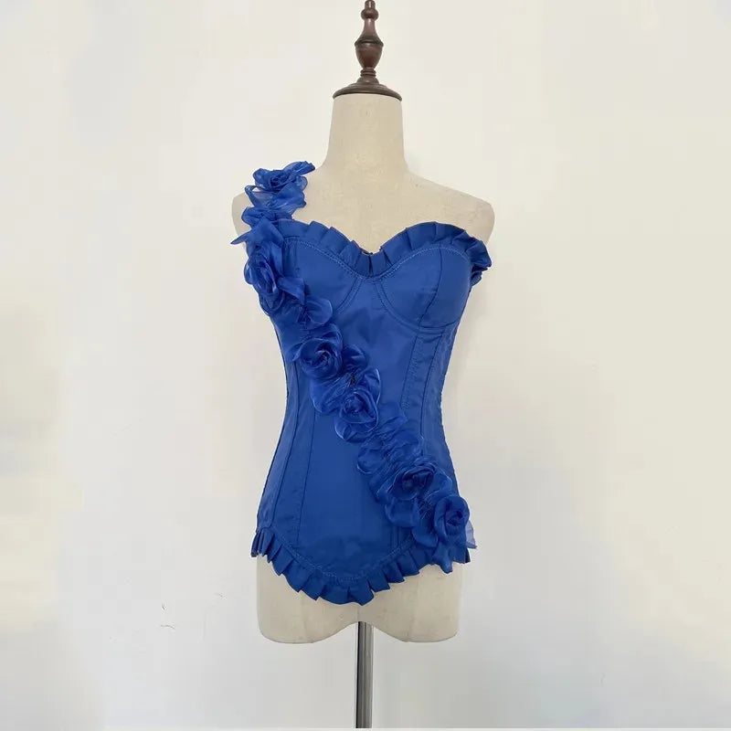Women's Sexy Body Shaper Overbust Corsets and Bustiers Top Lace-up One Shoulder Strap Flower Boned Korset Burlesque Corsets