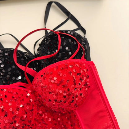 Sexy Sequins Tank Top Corset for Women Mesh Patchwork Backless Spaghetti Strap Camis Shiny Crop Tops Women's Clothing Dropship