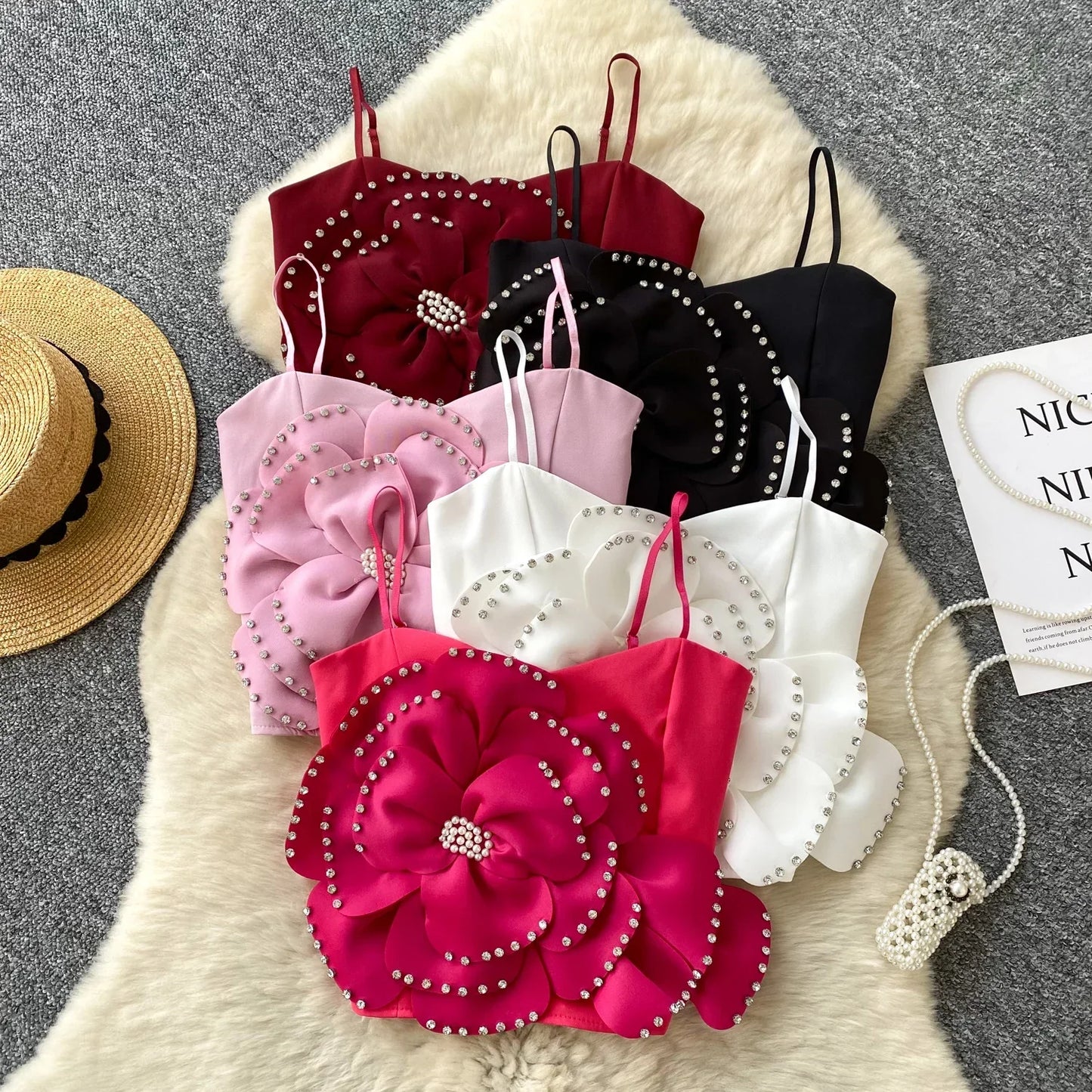 New French Sweet Strap Camisole Strapless 3D Floral Beading Diamonds Design Tops Elastic Ruched Slim Streetwear Tank Top