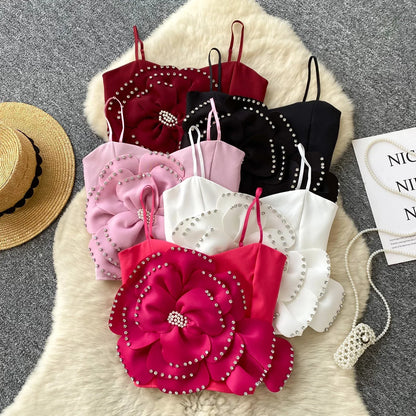 New French Sweet Strap Camisole Strapless 3D Floral Beading Diamonds Design Tops Elastic Ruched Slim Streetwear Tank Top
