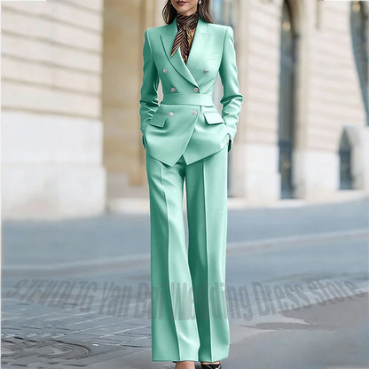 Customized Straight Women's Suits Two Pieces Classic Double Breasted Solid Color High Street Business Casual Office Suit Set