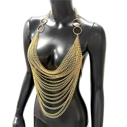 Women Metal Chain Tassel Tank Top Sexy Deep V Neck Backless Hollow Out See Through Crop Top Body Chain Party Club Camisole