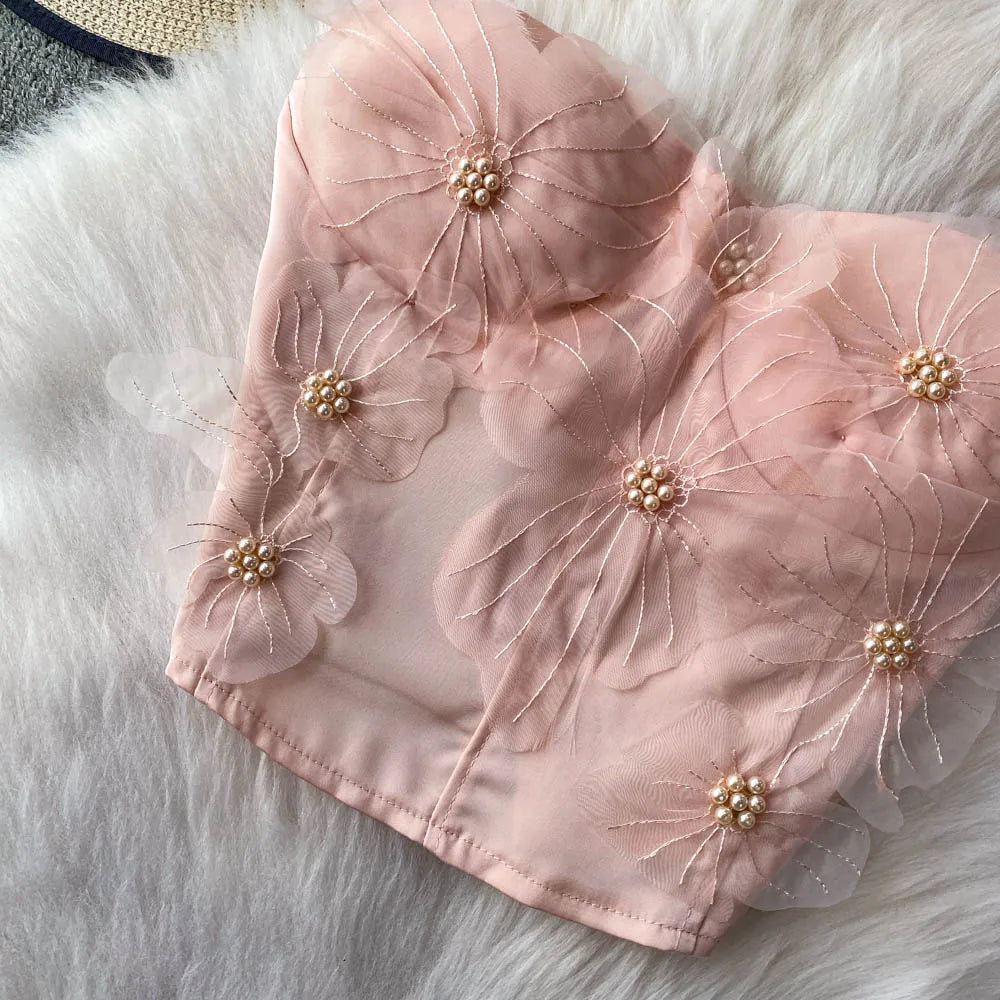 Embellished Short Crop Top Women's Vest with Chest Pad 3D Flower Decoration Slimming Effect Summer Fashion