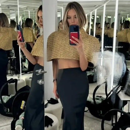 Women Elegant Gold Sparkle Capelet Top Shiny Tweed Shoulder Wrap Turtleneck Short Cloak New Lady Evening Club Party Tops 2026