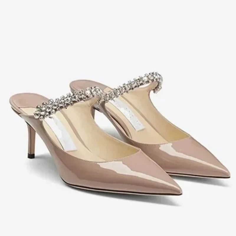 Women's Sandals 2026 New High Heels Fashion Water Diamond Chain Banquet Pointed Fine Heels Women's Muller Shoes