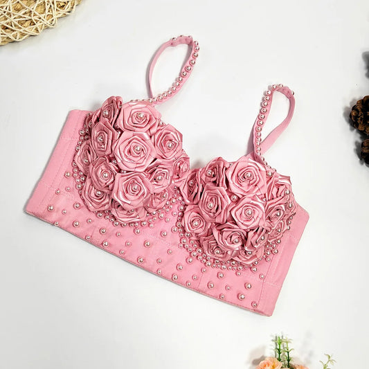 New 2025 Sexy Vest Corset Women Three-dimensional Flowers Roses Pearls Short Tops Party Bustier Push-up Bra Strap Crop Top 42913