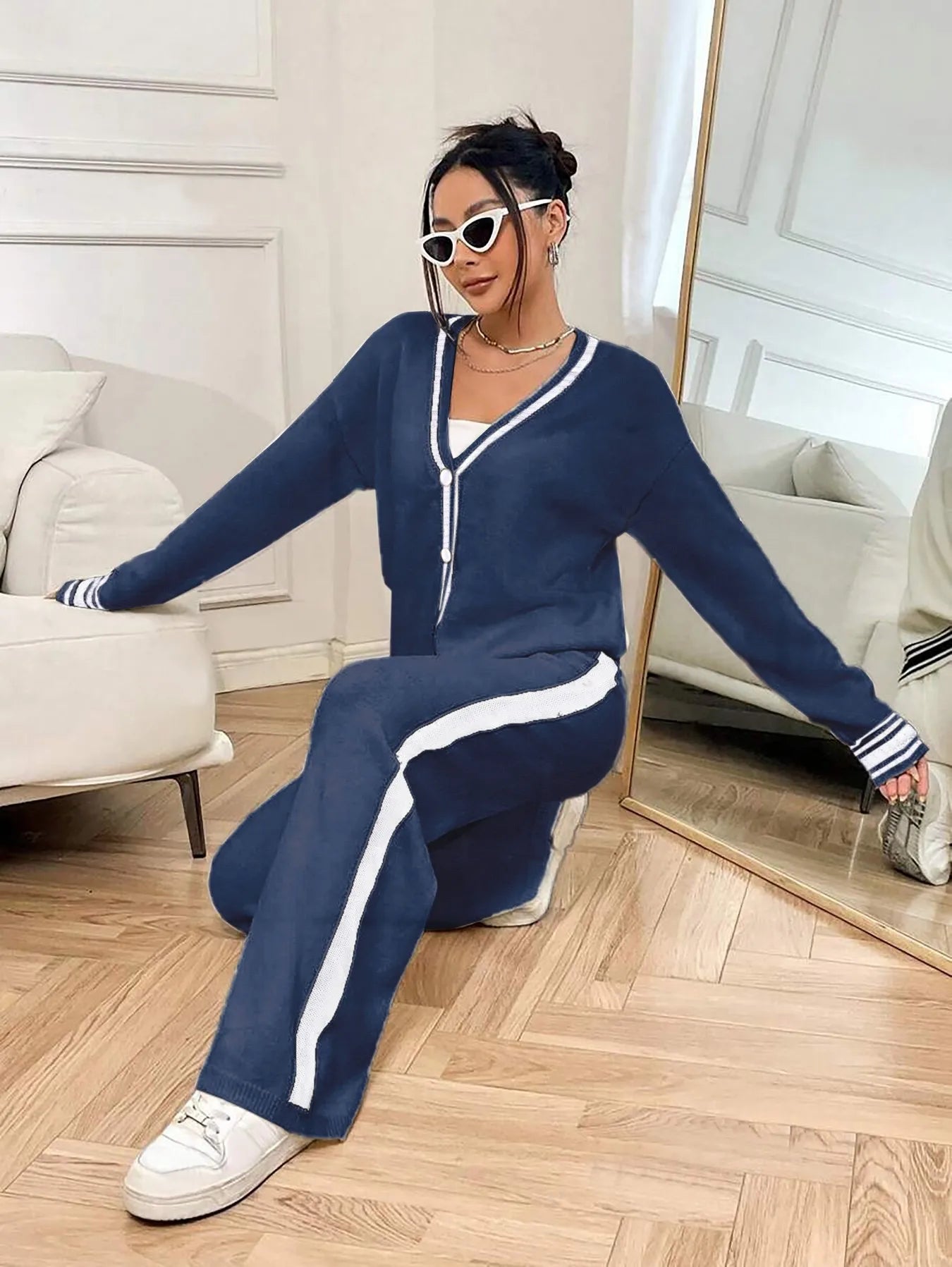 Women's Two-Piece Knit Set Contrast Trim Cardigan & Wide-Leg Pants Casual Loungewear (White/Navy Blue)