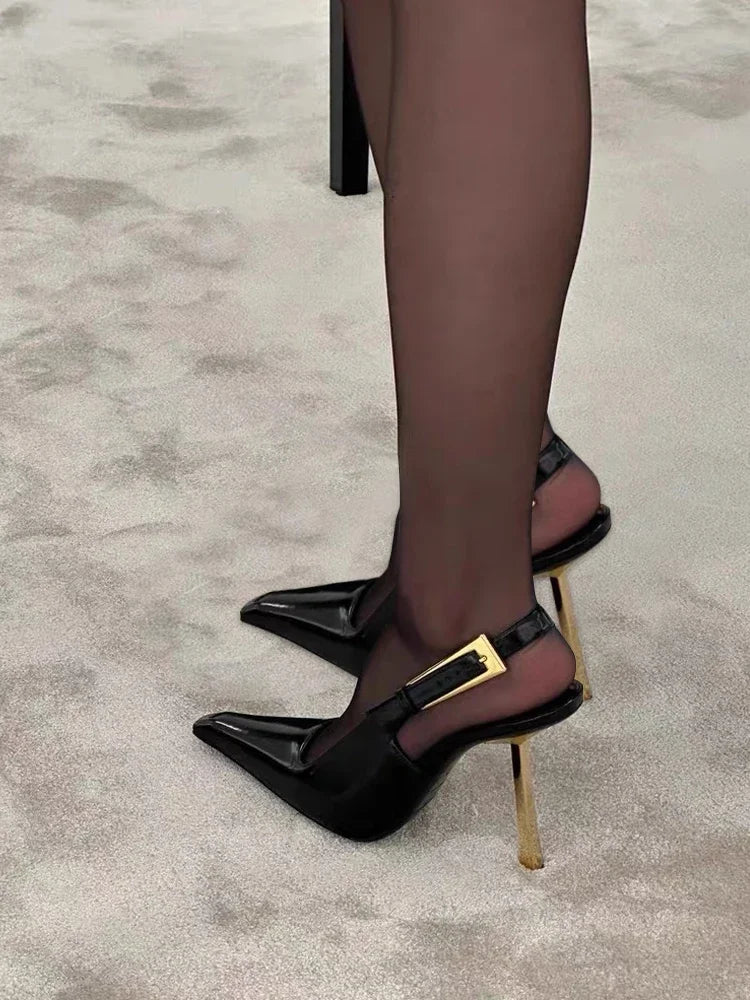 Black Pointed Toe High Heels Thin Heel Metal Cap Sandals Women's Shoes Elegant Painted Leather Sexy Fine Heel New 2025