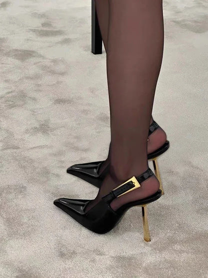Black Pointed Toe High Heels Thin Heel Metal Cap Sandals Women's Shoes Elegant Painted Leather Sexy Fine Heel New 2025