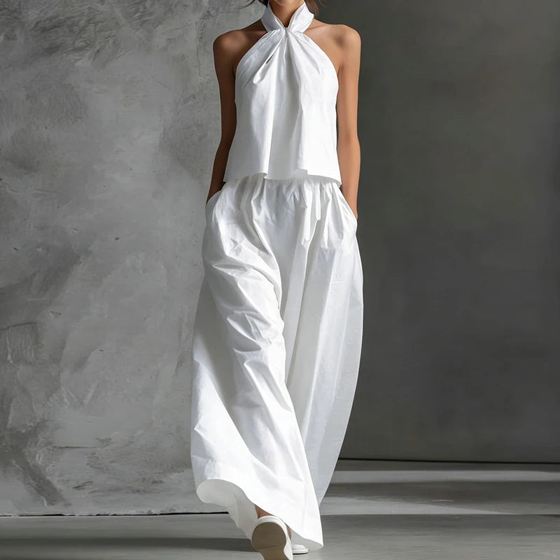 2026 Women Summer Casual Holiday Halter Sleeveless Pullover Top with Wide Leg Pants Two-Piece Set Backless Patchwork Chic Outfit