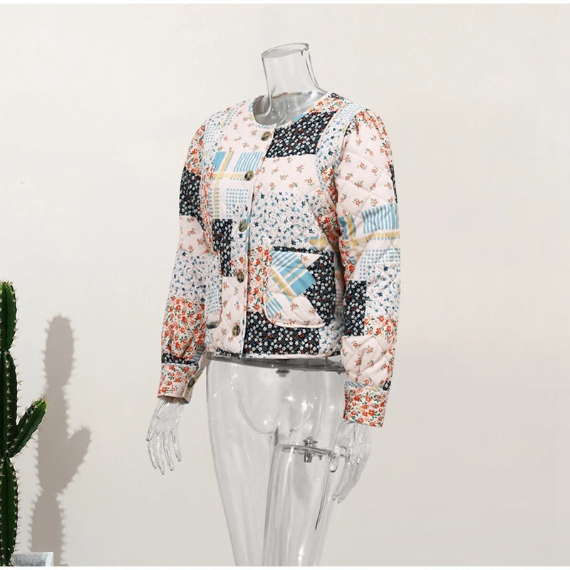 HH Floral Print Jacket For Women Autumn Quilted Reversible Cotton Coat Cardigan Long Sleeve Jackets Elegant Woman Streetwear