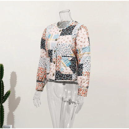 HH Floral Print Jacket For Women Autumn Quilted Reversible Cotton Coat Cardigan Long Sleeve Jackets Elegant Woman Streetwear