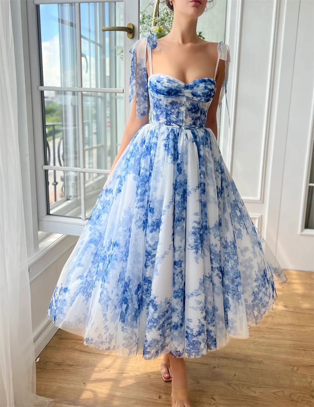 Customized Floral Print Prom Dresses Tea Length Sweetheart Tie Straps Tulle Fairy Dress Cocktail Formal Party Gowns