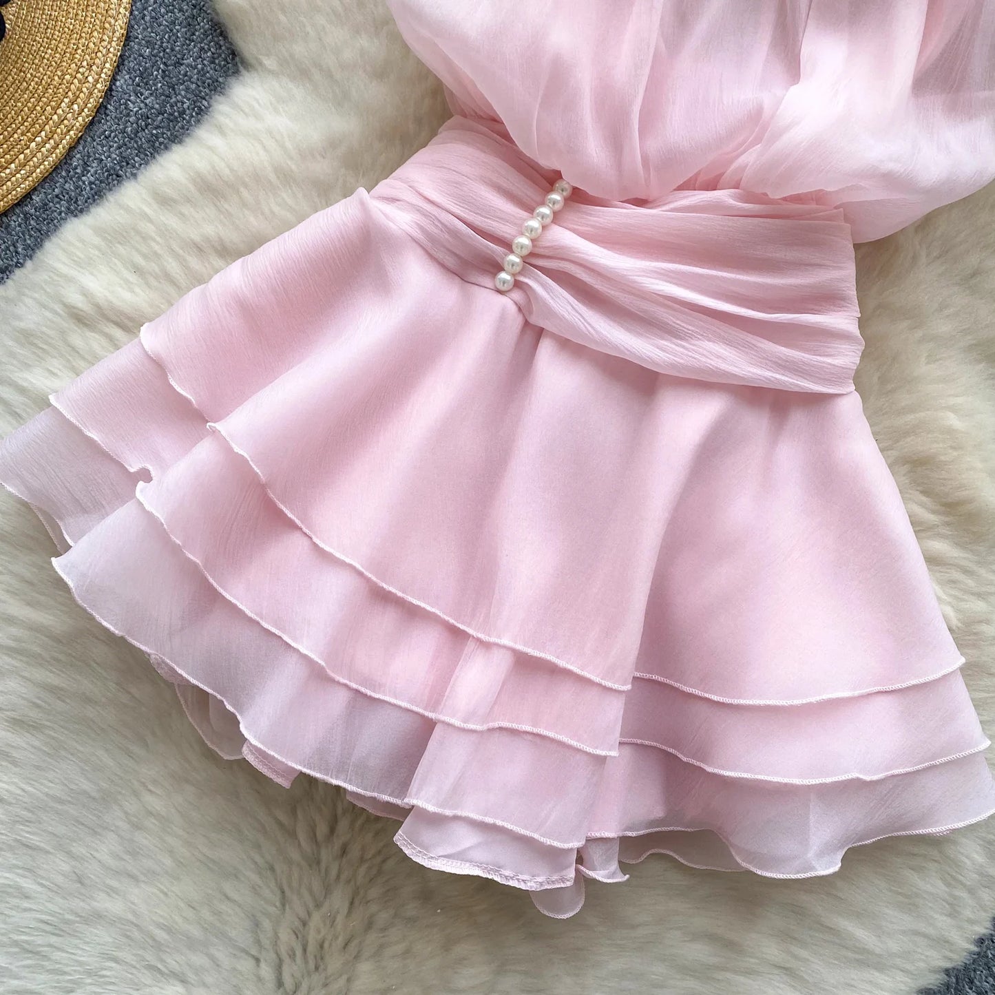 SINGREINY Strap Chiffon Mini Dress Female Pearl Halter Sleeveless Backless Sexy Design Fairycore Vacation Summer Ruffles Dress