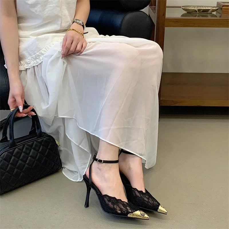 Eilyken New Design Breathable Mesh Thin High Heels Woman Pumps Elegant Pointed Toe Buckle Strap Party Prom Mule Shoes