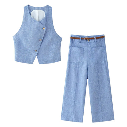 HH Women Elegant Flax 2-piece Suit Sleeveless Button Decoration Solid Vest+Summer Pocket Loose Belt Zipper Wide Leg Pants