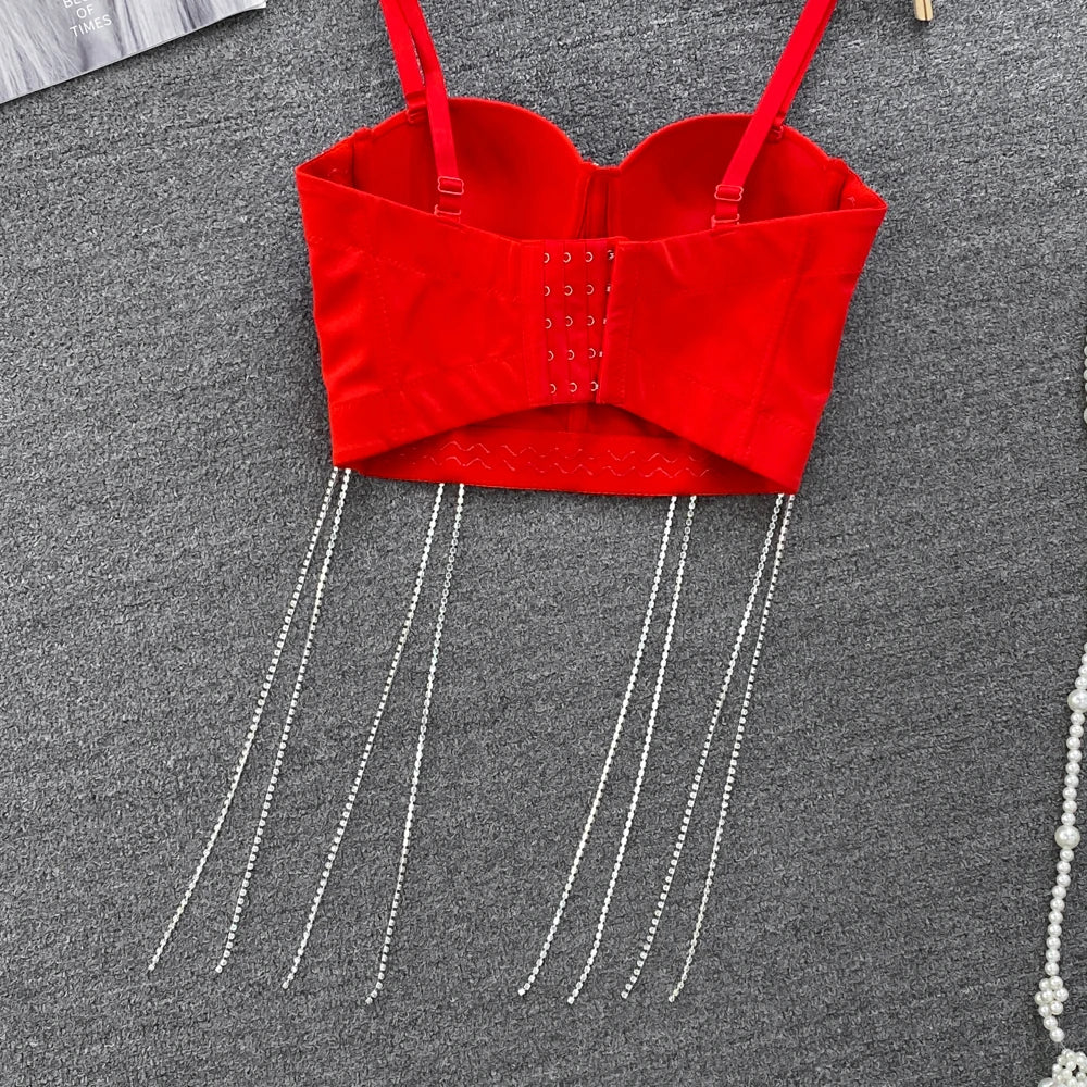 Women Chic Tassels  Pads Rhinestone Basic  Corset Straps Camis Slim  Hot Sexy Fashion Bare NavelBackless Tops Women Crop Top