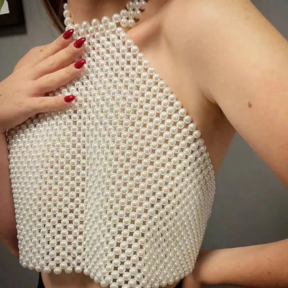 Handcrafted Elastic Pearl Beaded Sexy Hot Girl Bralette Top White Beaded Crop Top Women's Fashion Vest Strapless Bra