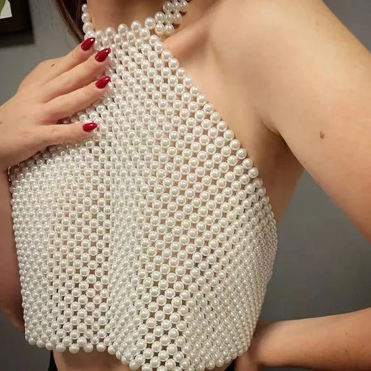 Handcrafted Elastic Pearl Beaded Sexy Hot Girl Bralette Top White Beaded Crop Top Women's Fashion Vest Strapless Bra