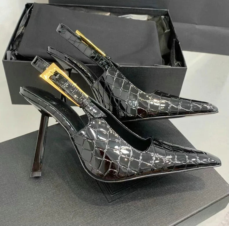 2025 Spring And Summer New Black Patent Leather High Heels Women Slim Heel Shoes Temperament Minority Pointed Sandals
