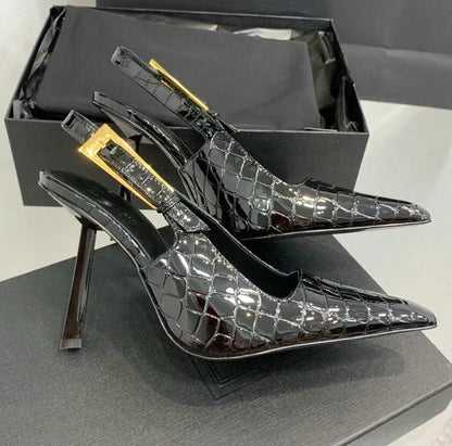 2025 Spring And Summer New Black Patent Leather High Heels Women Slim Heel Shoes Temperament Minority Pointed Sandals