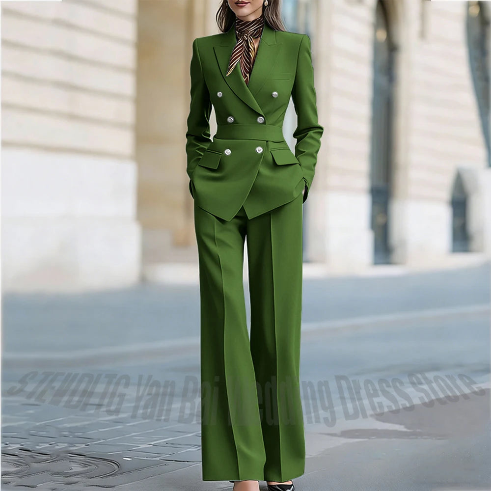 Customized Straight Women's Suits Two Pieces Classic Double Breasted Solid Color High Street Business Casual Office Suit Set