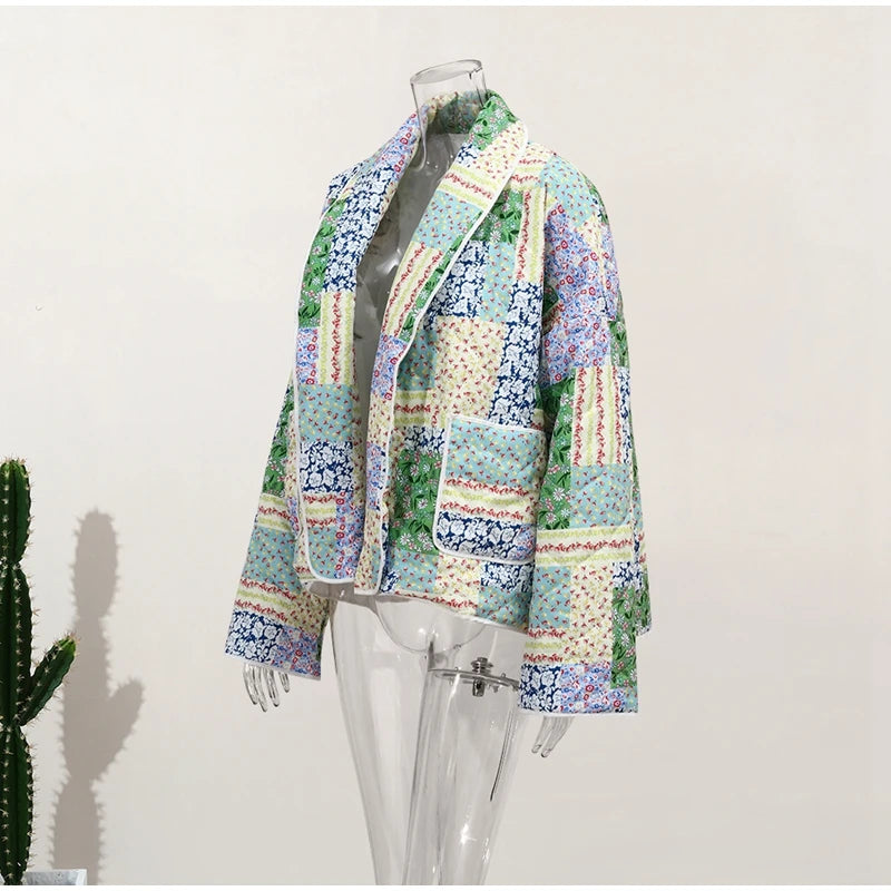 HH Floral Print Jacket For Women Autumn Quilted Reversible Cotton Coat Cardigan Long Sleeve Jackets Elegant Woman Streetwear