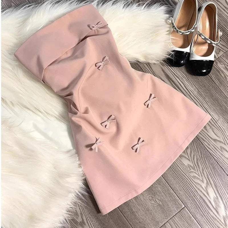 Korean Sle Pink 3D  Knot Tube Top Dr Summer Pure Desire Spicy Waist Cinching ort Skirt Women's INS Dr