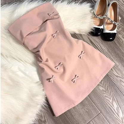 Korean Sle Pink 3D  Knot Tube Top Dr Summer Pure Desire Spicy Waist Cinching ort Skirt Women's INS Dr