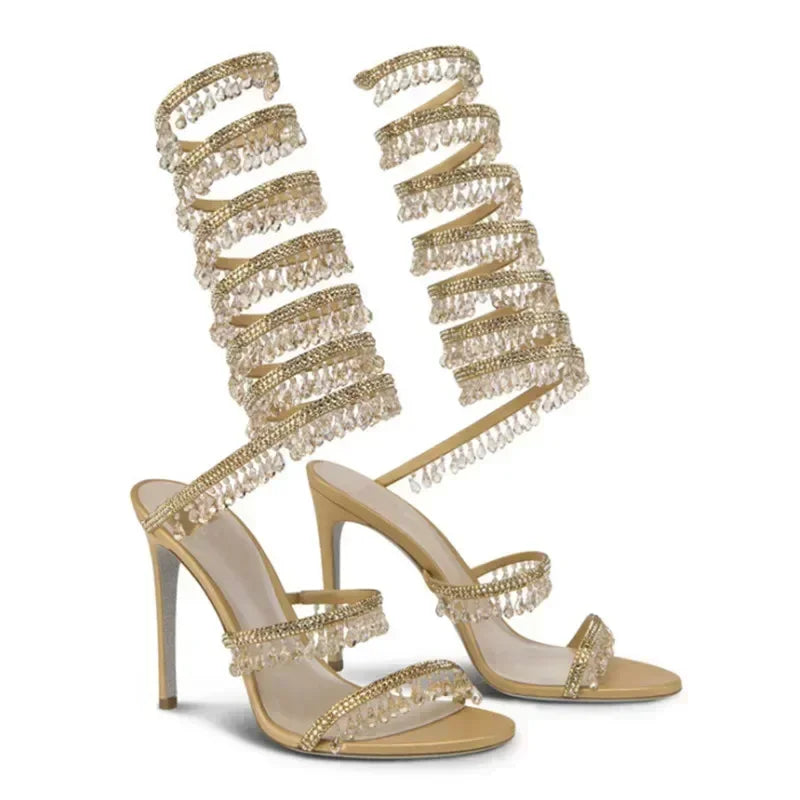 2024Women's New Water Diamond Sandals Fashion Tassel Crystal Shoes Sexy Banquet Party Twin Stiletto Women's Large Sandals