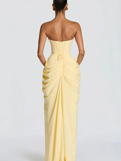 Women Sexy Solid Pleated Strapless Dress Lady Chic Off-shoulder Backless High Waist Split Dresses 2026 New Evening Party Gown