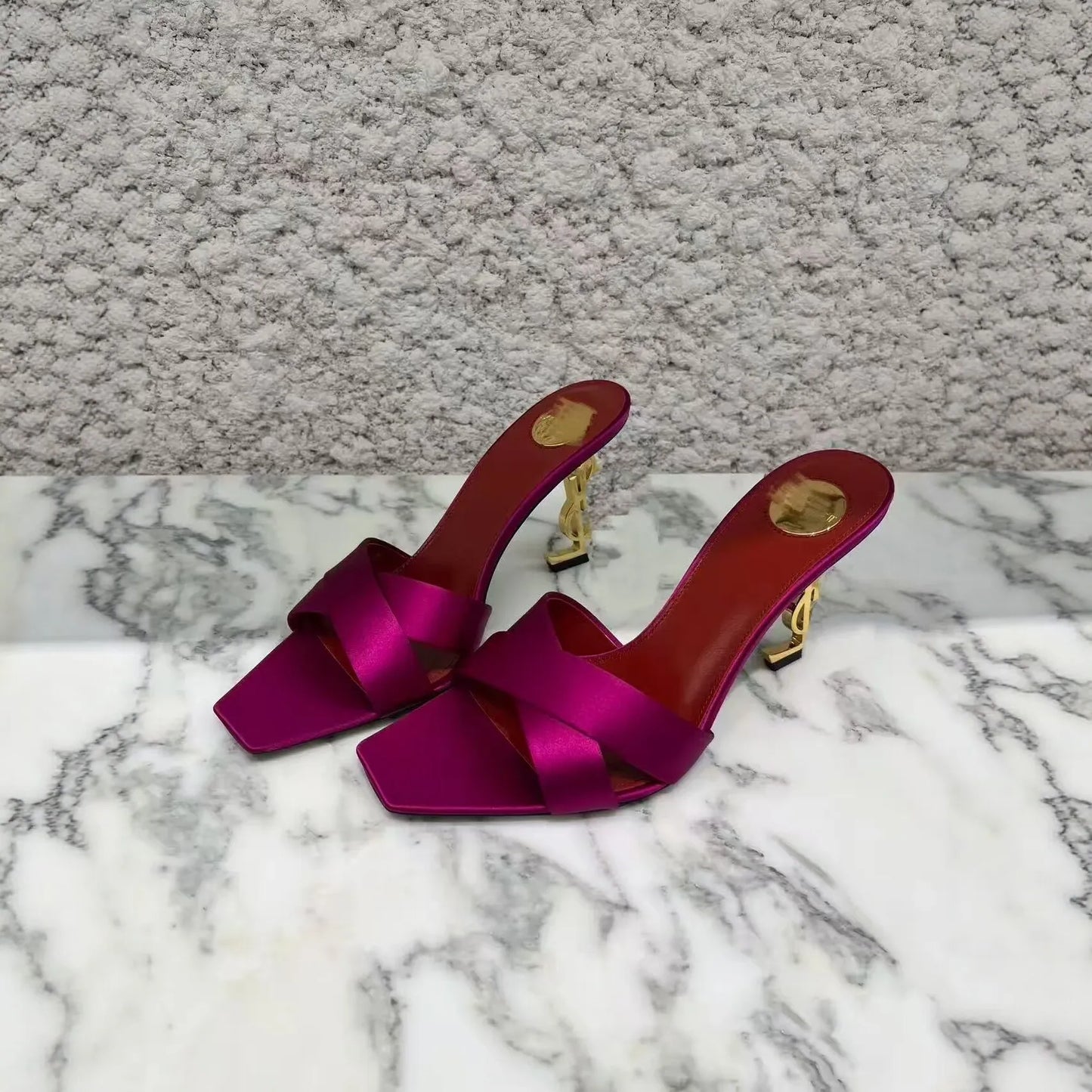 New 2026 Women's Fashionable Silk Satin Cross Band Metal Letter Heel Square Head High Heel Sandals Open Toe Stylish Pointed Toe