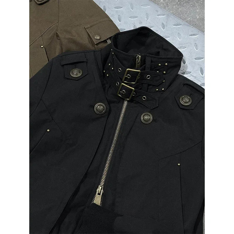 MEXZT Y2K Cropped Black Jacket Women Harajuku Vintage Stand Collar Coat Autumn Streetwear Grunge Long Sleeve Zipper Outerwears