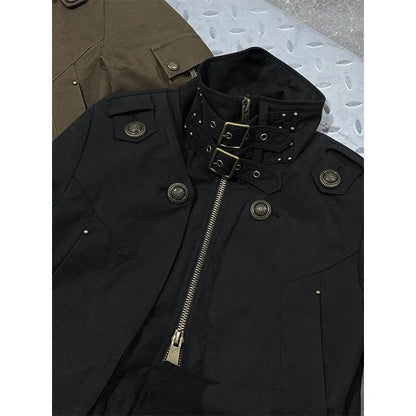 MEXZT Y2K Cropped Black Jacket Women Harajuku Vintage Stand Collar Coat Autumn Streetwear Grunge Long Sleeve Zipper Outerwears