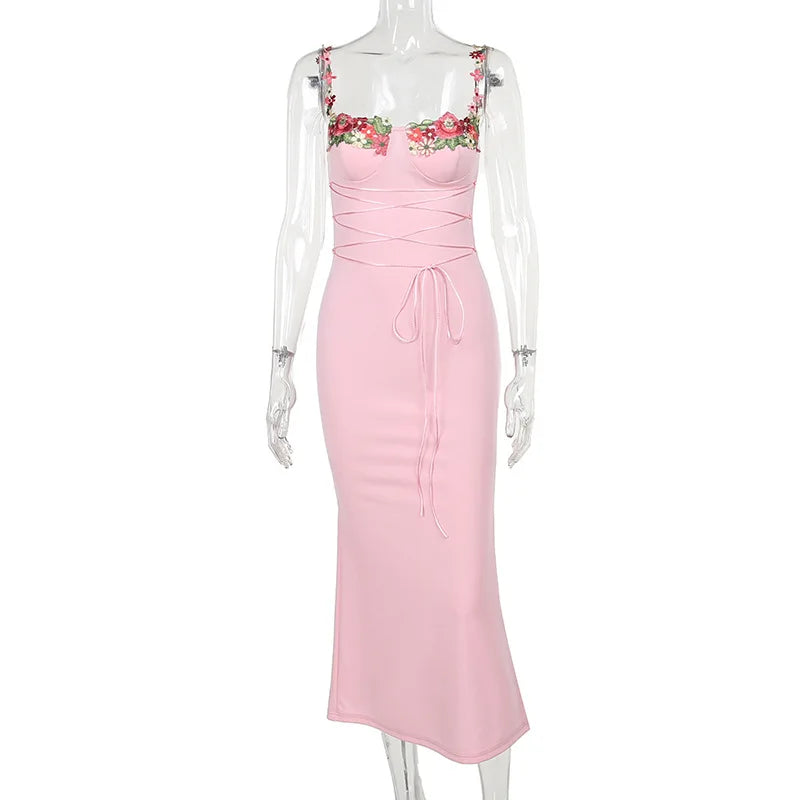 Y2K Sexy Sleeveless Backless Floral Women's Maxi Long Dress Lace-Up Bandage Bodycon Autumn Winter Party Club Dresses Outfit Gift