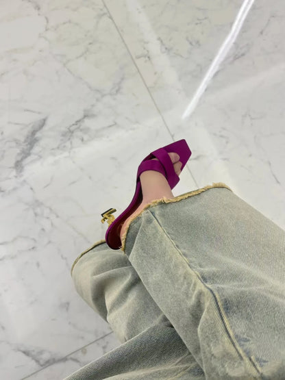 New 2026 Women's Fashionable Silk Satin Cross Band Metal Letter Heel Square Head High Heel Sandals Open Toe Stylish Pointed Toe