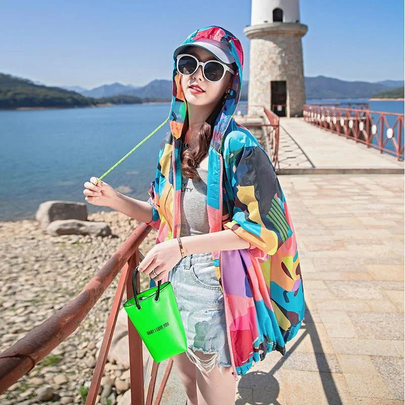 Female 2024 Summer New Camouflage Thin Sun Protection Clothing Women Short Anti-Ultraviolet Korean Sun Protection Clothing A1137