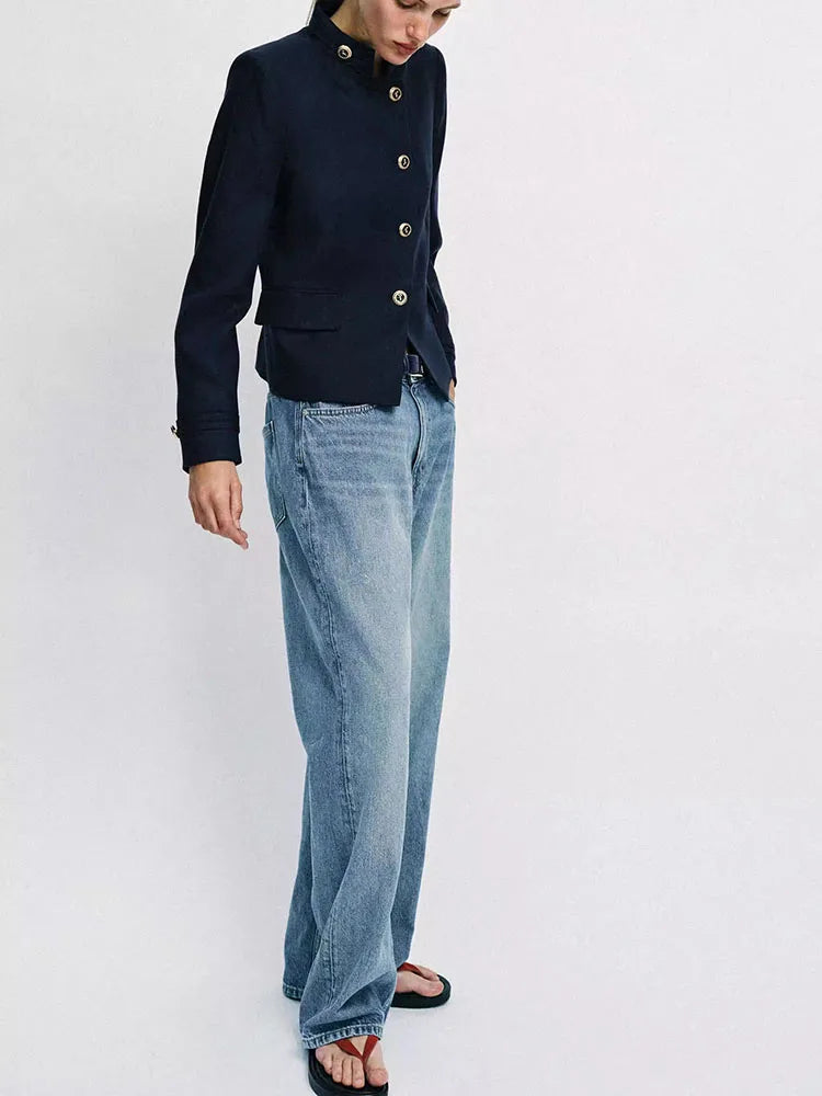 Spring New Arrival Women's Slim Fit Long Sleeve Stand Collar Jacket Gold Button Casual Style Standard Version Outerwear
