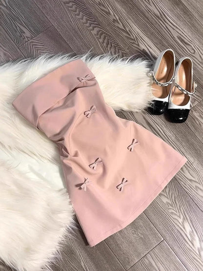 Korean Sle Pink 3D  Knot Tube Top Dr Summer Pure Desire Spicy Waist Cinching ort Skirt Women's INS Dr