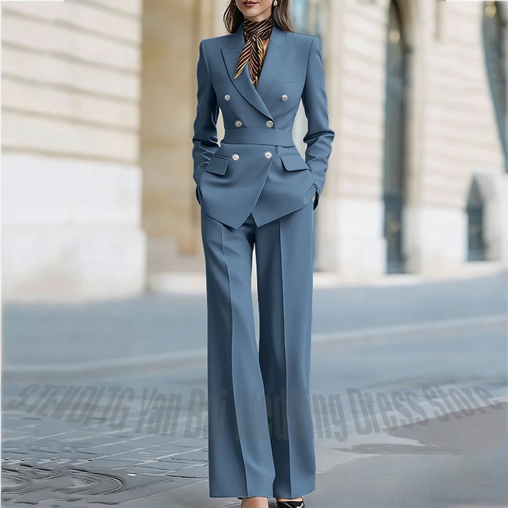Customized Straight Women's Suits Two Pieces Classic Double Breasted Solid Color High Street Business Casual Office Suit Set