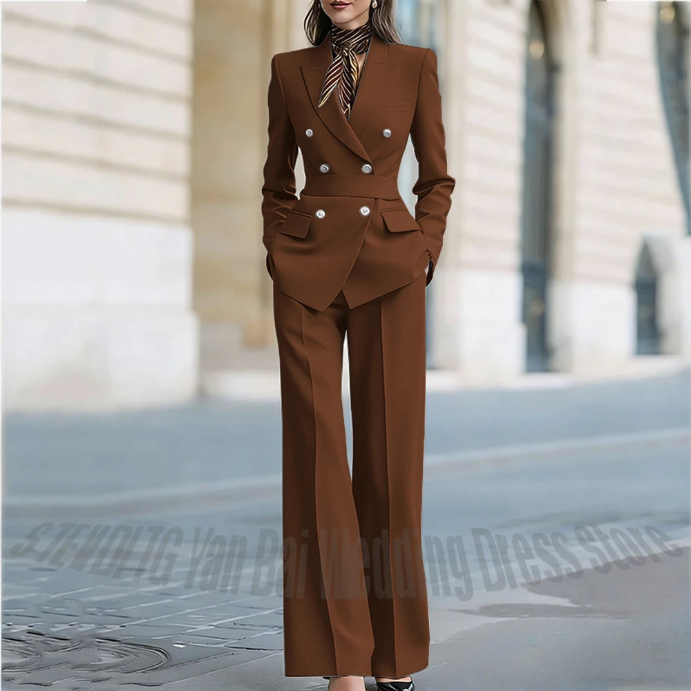 Customized Straight Women's Suits Two Pieces Classic Double Breasted Solid Color High Street Business Casual Office Suit Set