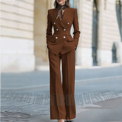 Customized Straight Women's Suits Two Pieces Classic Double Breasted Solid Color High Street Business Casual Office Suit Set