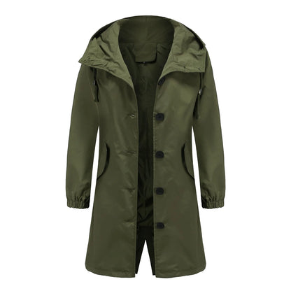 Spring Autumn Women's Trench Coat Water-Repellent Hooded Windbreaker Outdoor Loose Casual Zipper Long Jacket