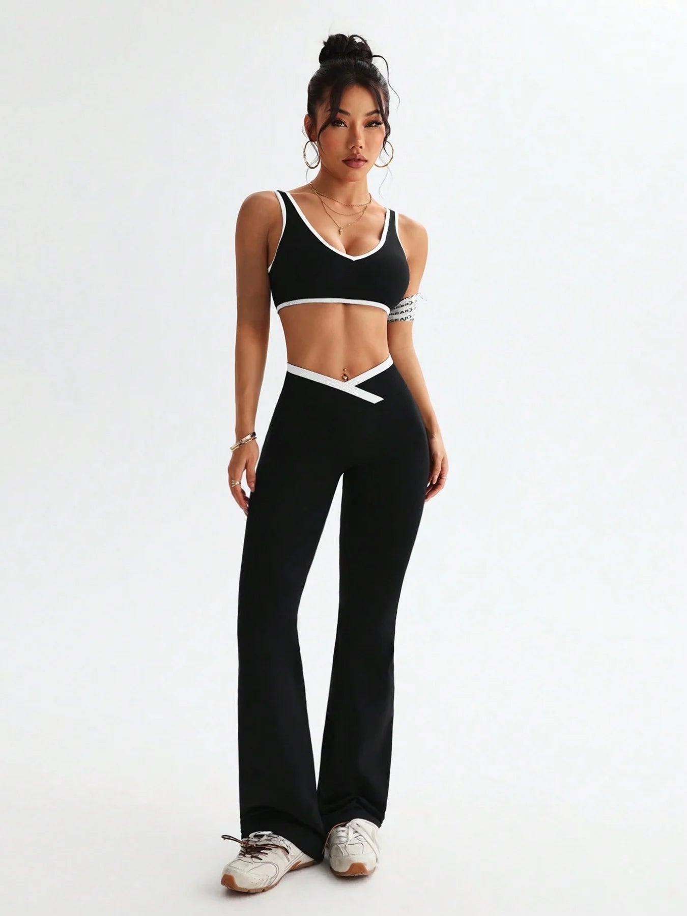 Womens One Piece Yoga Set Tummy Control Fitness Outfit Color Blocking Wide Strap with V Waist Flared Pants 2 Piece