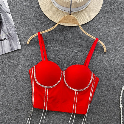 Women Chic Tassels  Pads Rhinestone Basic  Corset Straps Camis Slim  Hot Sexy Fashion Bare NavelBackless Tops Women Crop Top