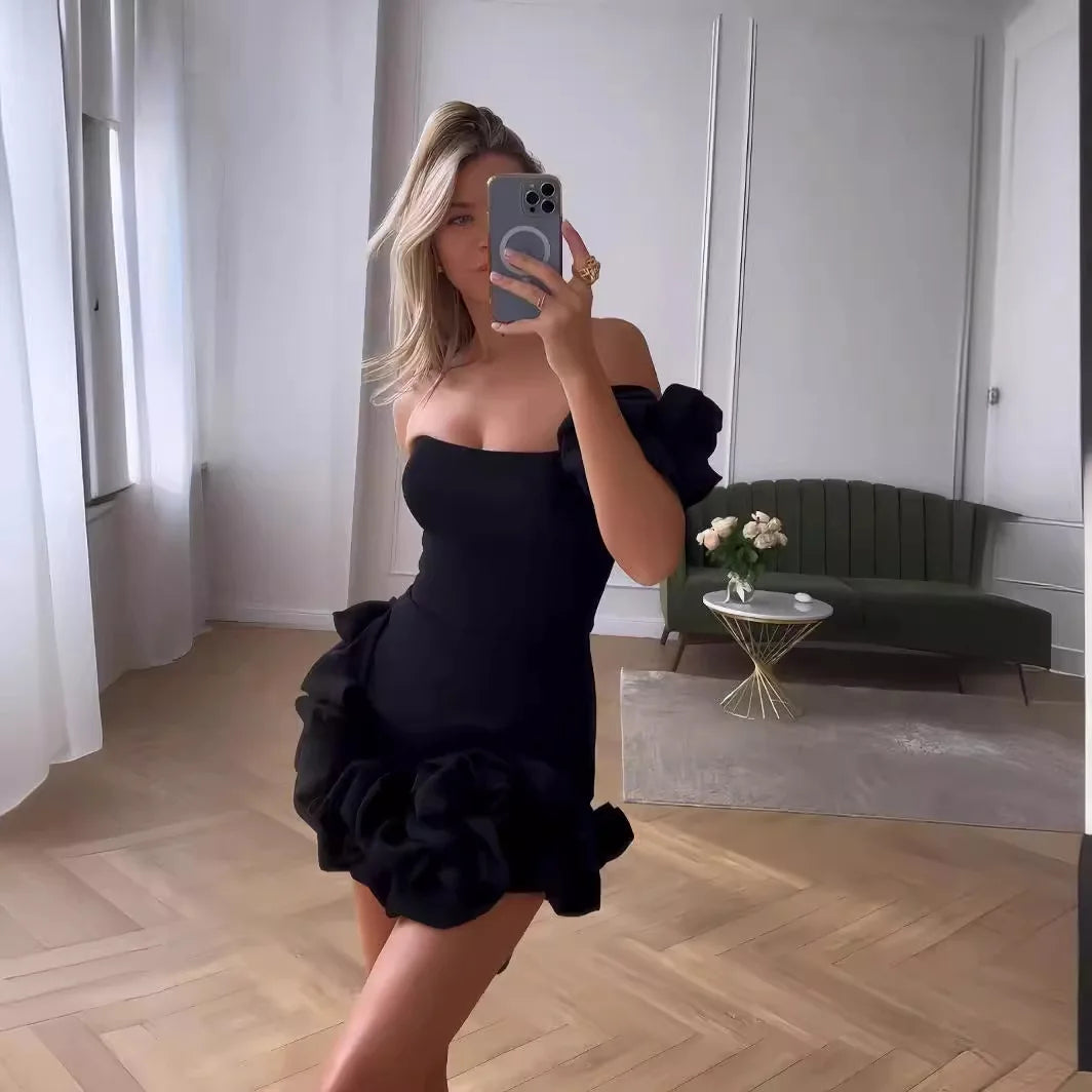 2025 Summer Fashion New Elegant Temperament Party Evening Dress For Women Flower Sleeveless Off-Shoulder Sexy Pleated Rose Dress
