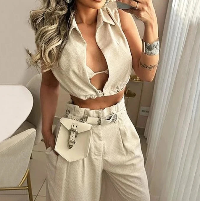 Womens 2 Piece Pants Set Solid Lapel V Neck Sleeveless Crop Top + Casual High Waist Pocket Wide Leg Pants Set Streetwear